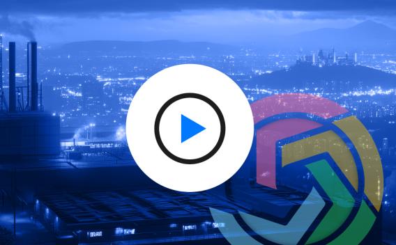Dark blue industrial landscape with Flex MOSAIC Logo and a play button