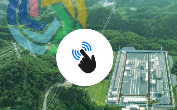 Aerial view of power lines among trees with Flex MOSAIC logo and a hand pointer icon