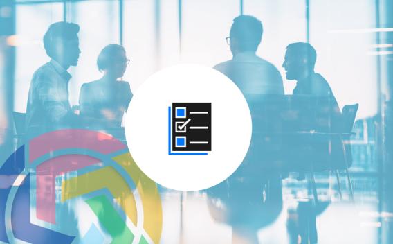 Four People sitting at a conference table with blue saturation, the Flex MOSAIC logo and a document icon in the center