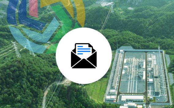 Aerial view of power lines among trees with Flex MOSAIC logo and a envelope icon